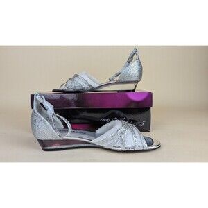 Easy Street Tarrah Evening Sandal Womens 7.5 M Silver Glitter Strap Shoes NWB